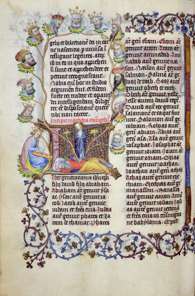 Ms 289.3 f.67v A árvore de Jesse saindo de uma inicial, do Evangelho de São Mateus, Utrecht, c.1425 (folha de ouro, tinta dourada e têmpera sobre pergaminho) de Masters of Zweder van Culemborg