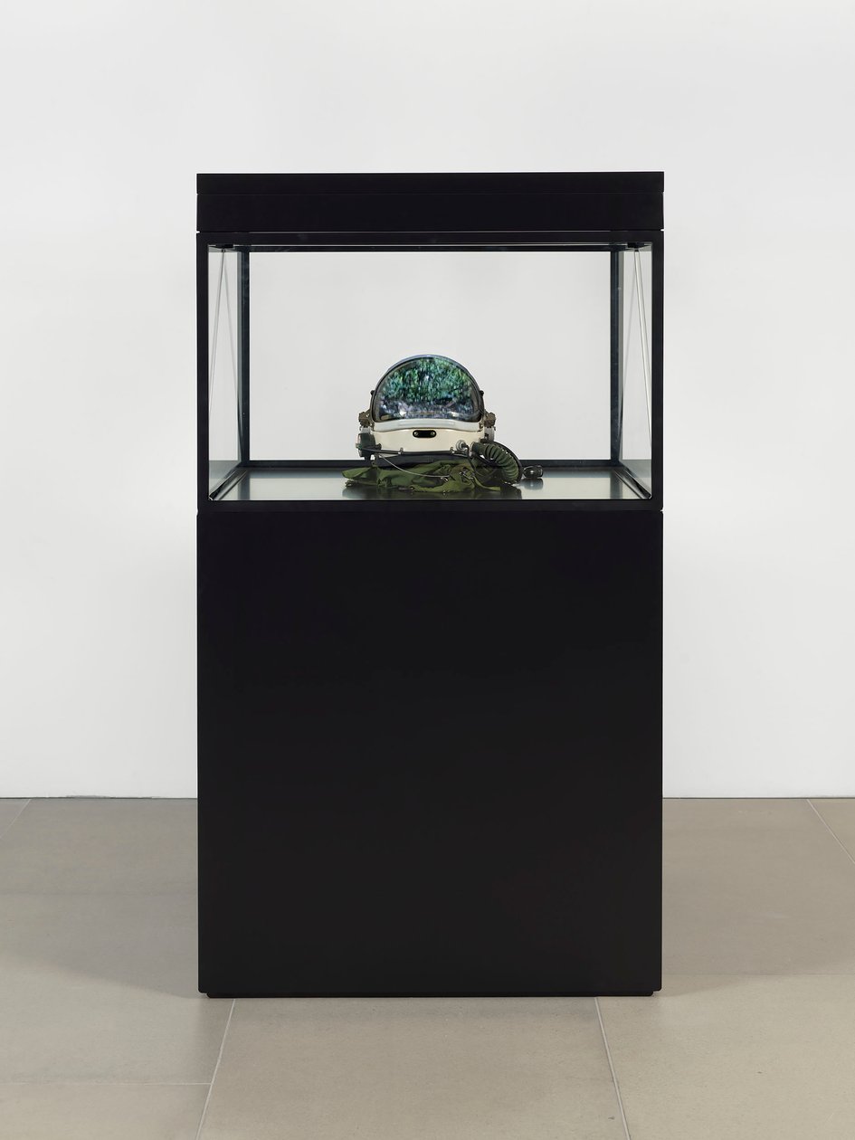 Alpha Omega, 2016 (Vidro, ecrã LCD, leitor multimédia, réplica de crânio, capacete espacial, madeira) de Mat Collishaw