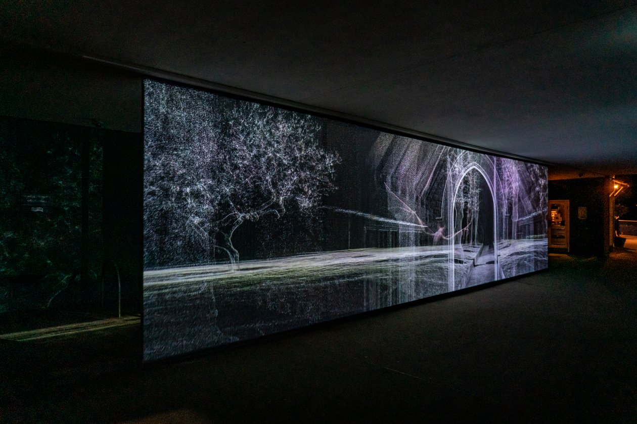 Echolocation, 2021 (projeção vídeo de 3 canais sobre malha de polipropileno) de Mat Collishaw