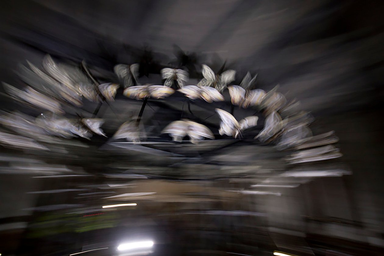 Magic Lantern, 2010 (Estrutura de aço, chapa de alumínio perfurada, resina expandida, luzes LED, motor) de Mat Collishaw