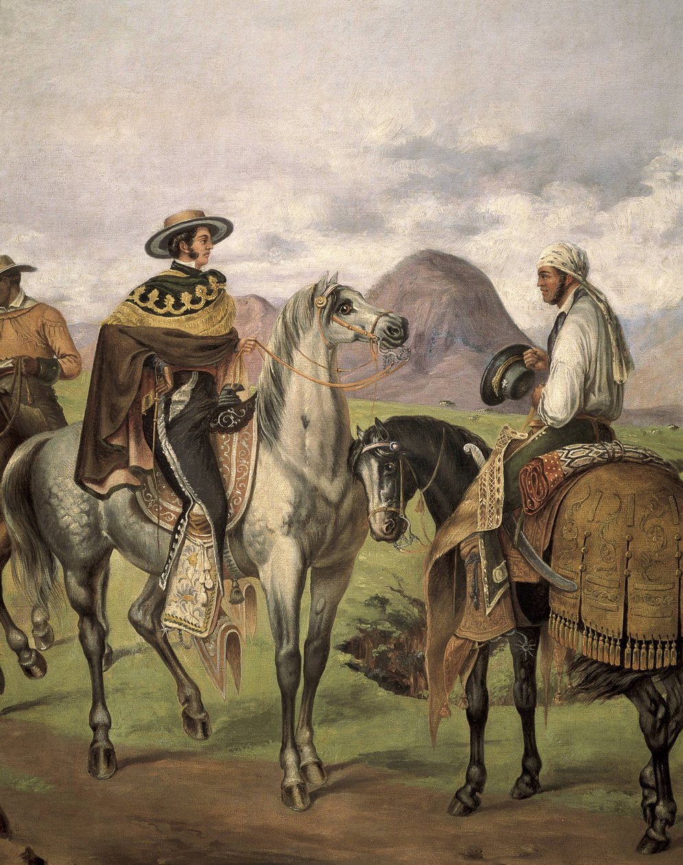 Charros" (cavaleiros mexicanos) vestidos com roupas de fantasia. Trabalho de Mateo Saldana (1875-1951), século XX. O ónus dos custos. Óleo sobre tela de Mateo Saldana