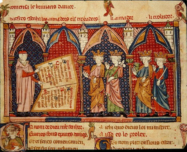 Fol.5v Mestre Ermengaut apresentando seu livro a quatro reis de Matfre Ermengaut