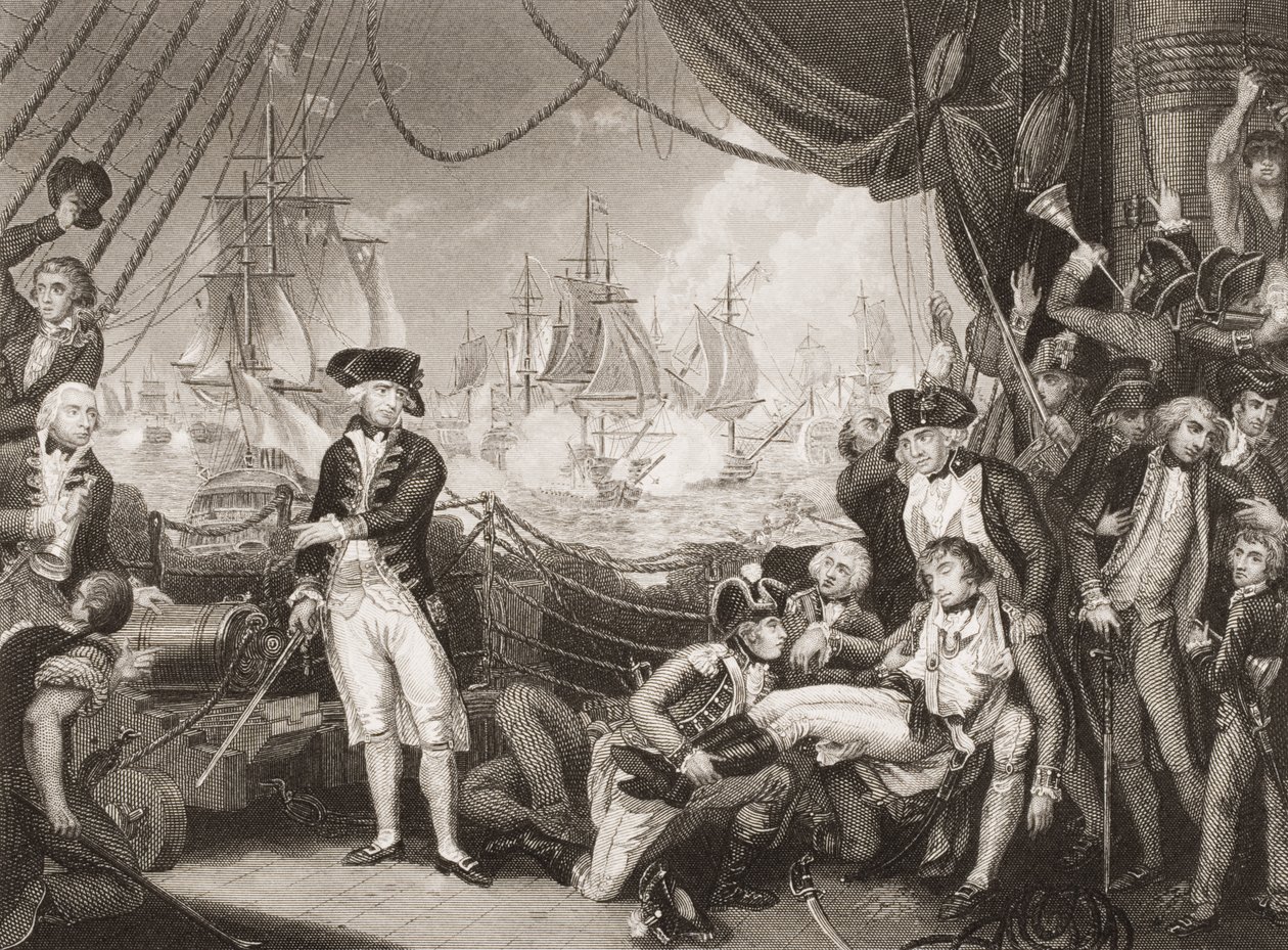 Cena no convés da Rainha Charlotte, 1º de junho de 1794, ilustração de "Batalhas da Inglaterra por Mar e Terra", de Lieut. Coronel Williams (gravura) de Mather Brown