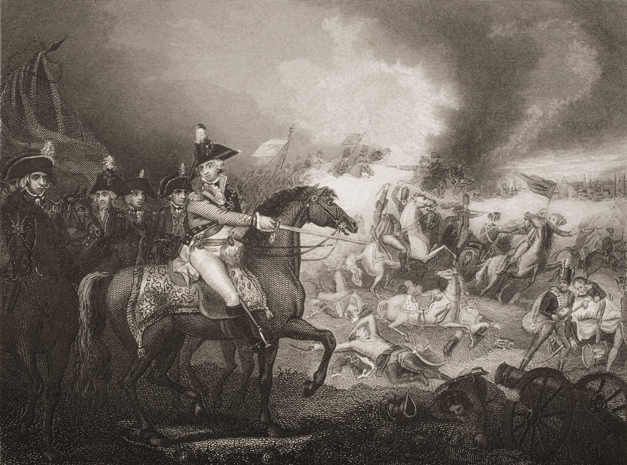 O ataque ao acampamento francês nas colinas de Famars, perto de Valenciennes, em 23 de maio de 1793, ilustração de "England&39;s Battls por Sea and Land", de Lieut. Coronel Williams, gravado por J. Rogers (gravura de Mather Brown