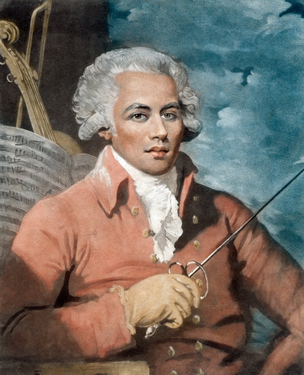 Joseph Boulogne (1748-99), Chevalier de Saint-George; filho de um agricultor francês de Guadalupe e de um escravo, Nanon, de origem africana - Retrato de Joseph Boulogne (1748-1799), Chevalier de Saint Georges (Saint-Georges), compositor de origem Guadalup de Mather (after) Brown