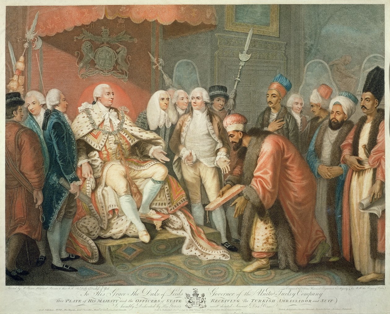 Sua Majestade e Oficiais de Estado Receber o Embaixador da Turquia e Terno, gravado por Daniel Orme (1767-p. 1832), pub. por Edward Orme, 1797 (stipple engraving) de Mather Brown