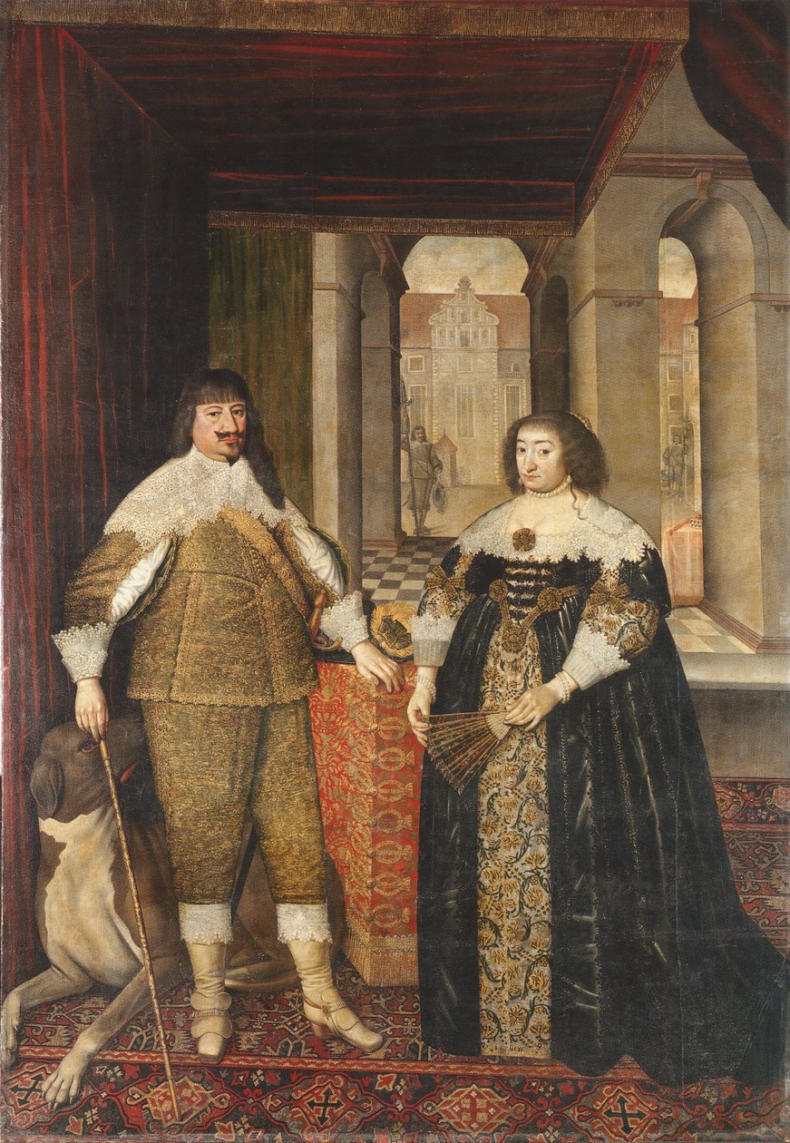 Retrato de George William, Eleitor de Brandemburgo e sua consorte Elizabeth Charlotte do Palatinado e um mastim de Mathias Czwiczek