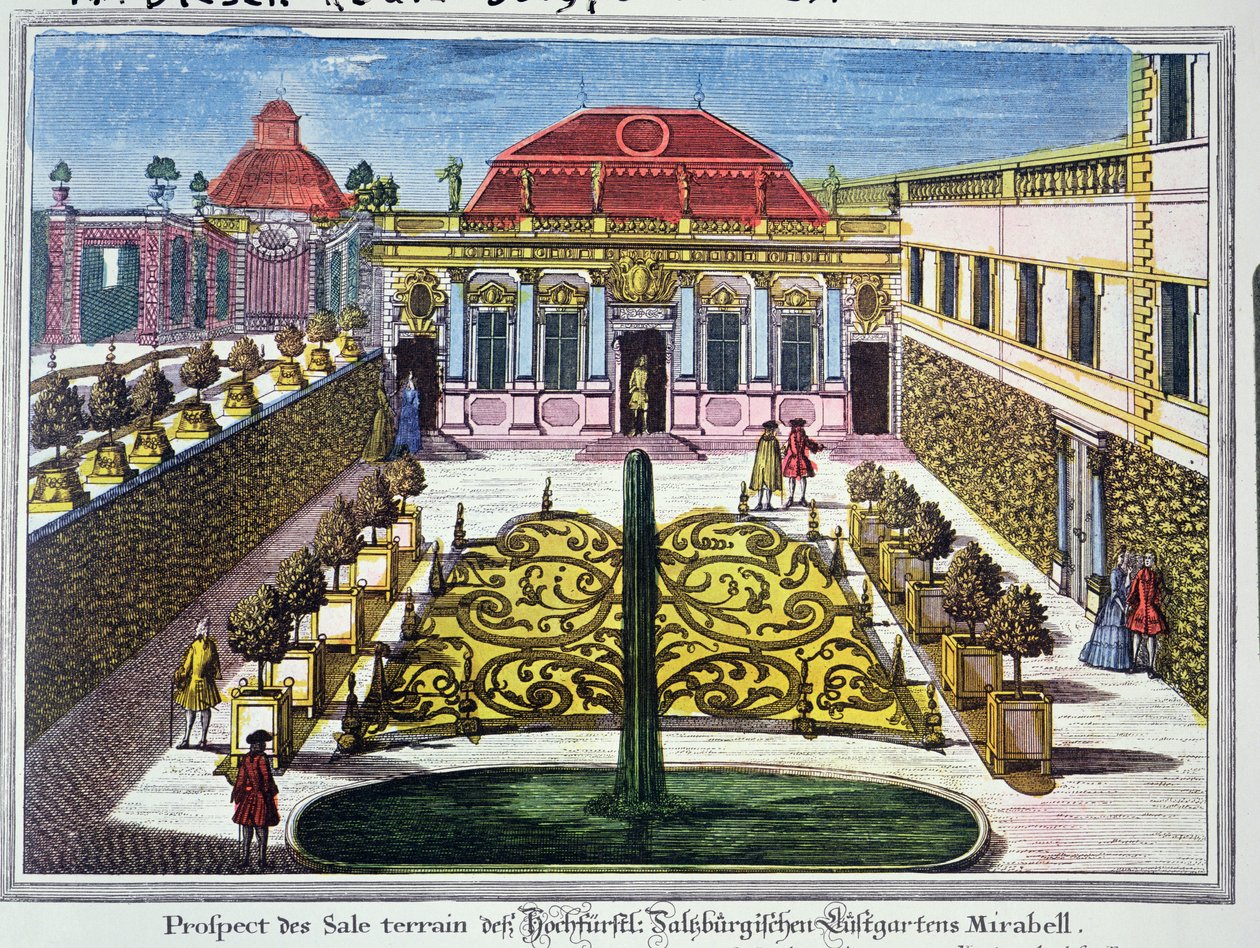 Os jardins do Parque Mirabelle, Salzburgo, Áustria, gravada por Karl Remshardt (1678-1735) c.1720 (gravura a cores) de Mathias Diesel