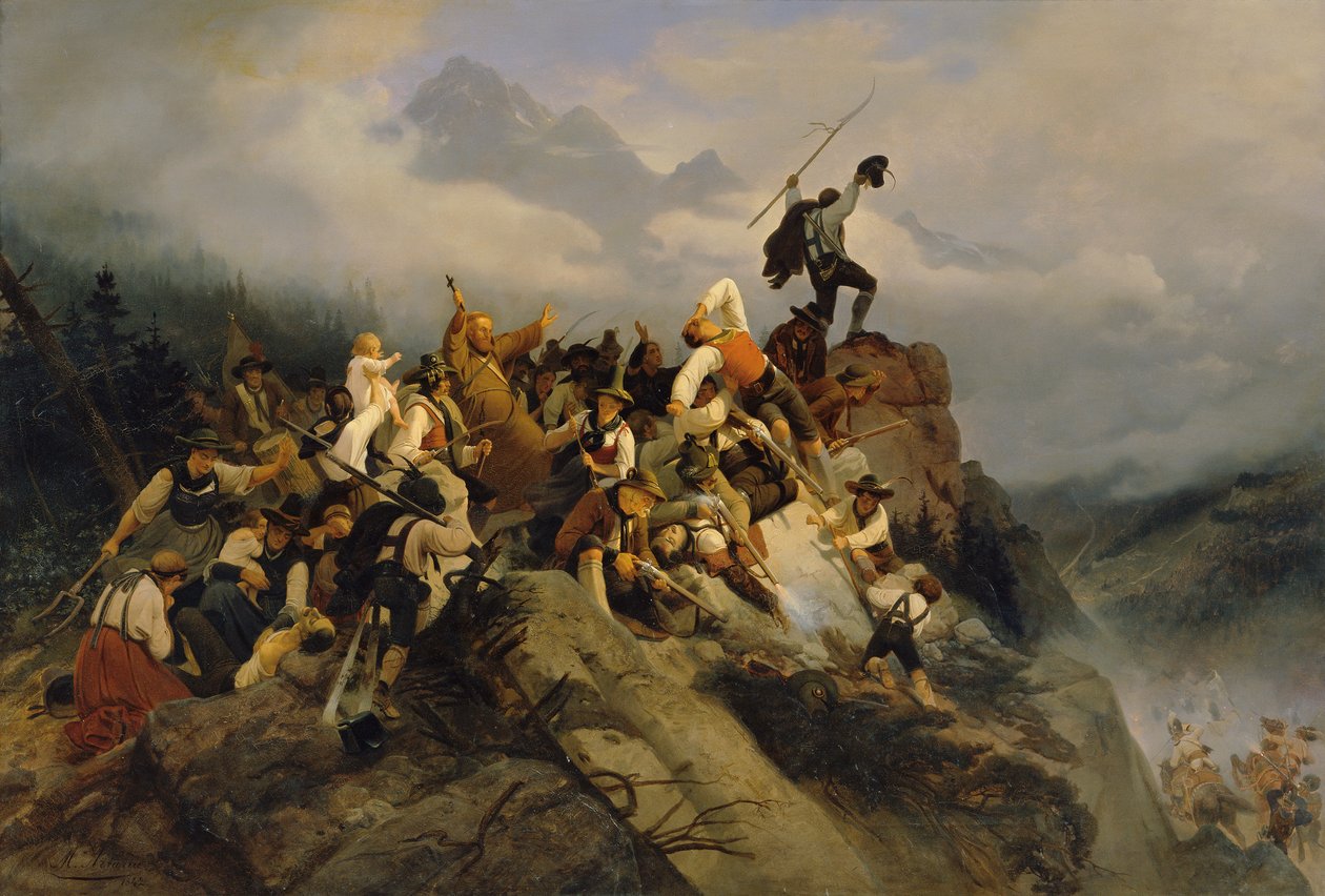 Padre Joachim Haspinger entre os fazendeiros combatentes, 1842. de Mathias Artaria