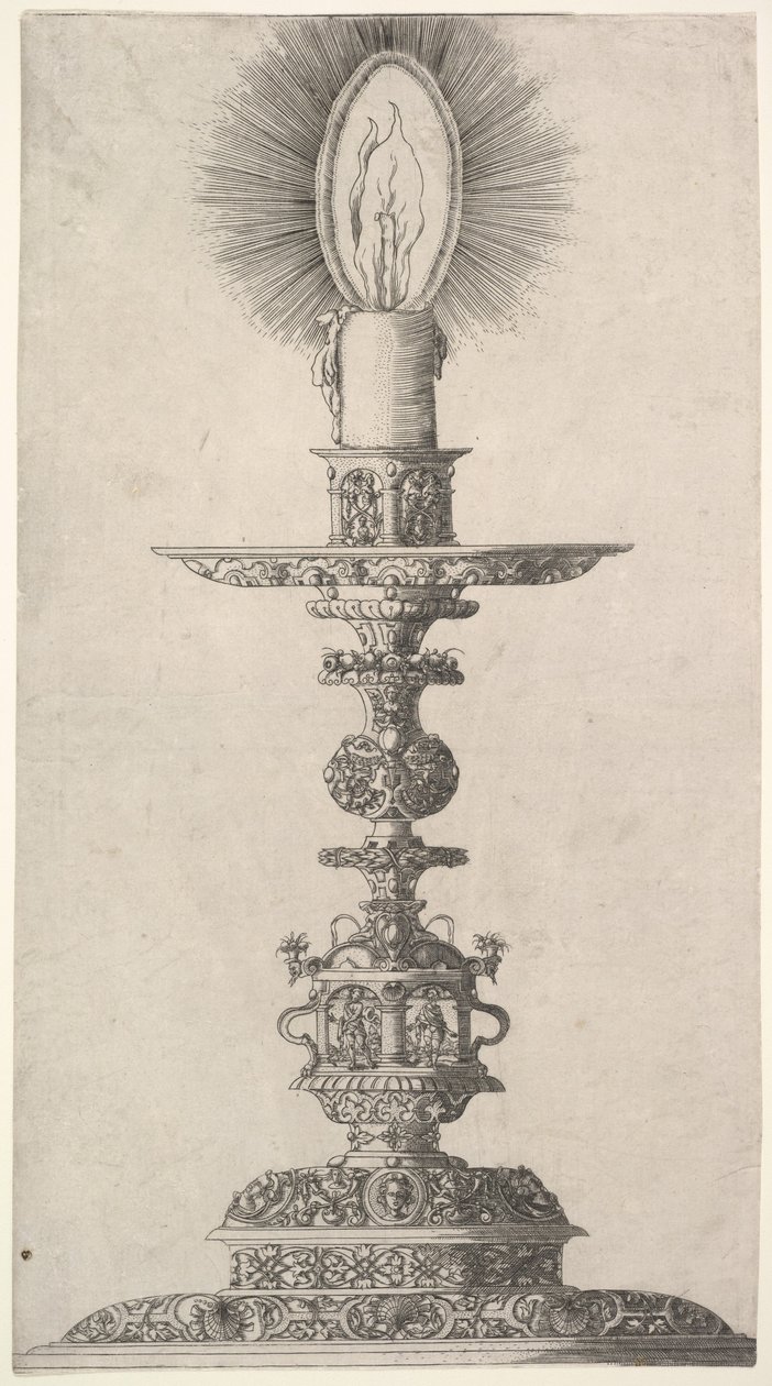 Castiçal com vela acesa de: Insigne Ac Ac Plane Novum Opus Cratero graphicum, Ein n..., 1551. de Mathias Zundt