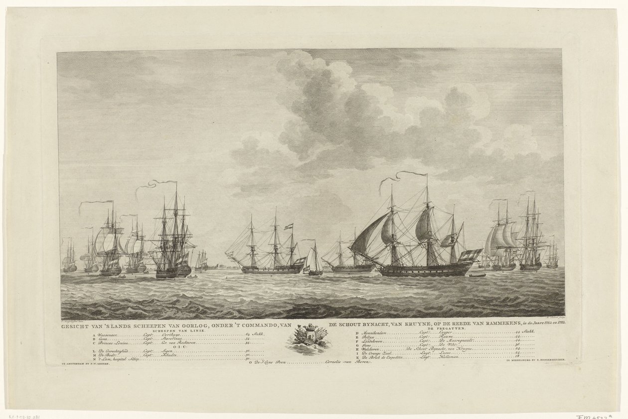 Frota de guerra holandesa ao largo de Rammekens, 1782-1783 Vista dos navios de guerra nacionais, sob o comando do contra-almirante, van Kruyne, na enseada de Rammekens, em den Jaare 1782 e 1783 (título no objeto) de Mathias de Sallieth
