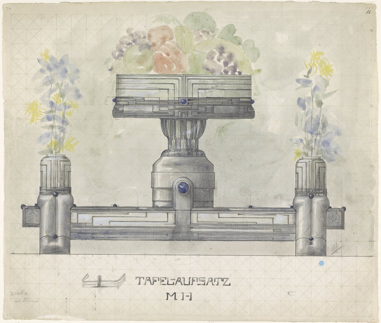 Design para centro de mesa prateado, decorado com flores e frutas de Mathieu Lauweriks