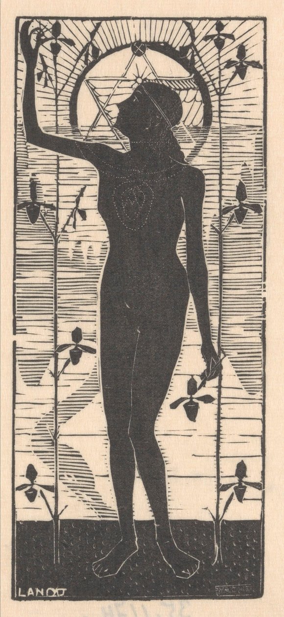 Mulher nua de pé perto de caules de plantas
Esforço para o mais alto (título original)
Doze xilogravuras (título da série) de Mathieu Lauweriks
