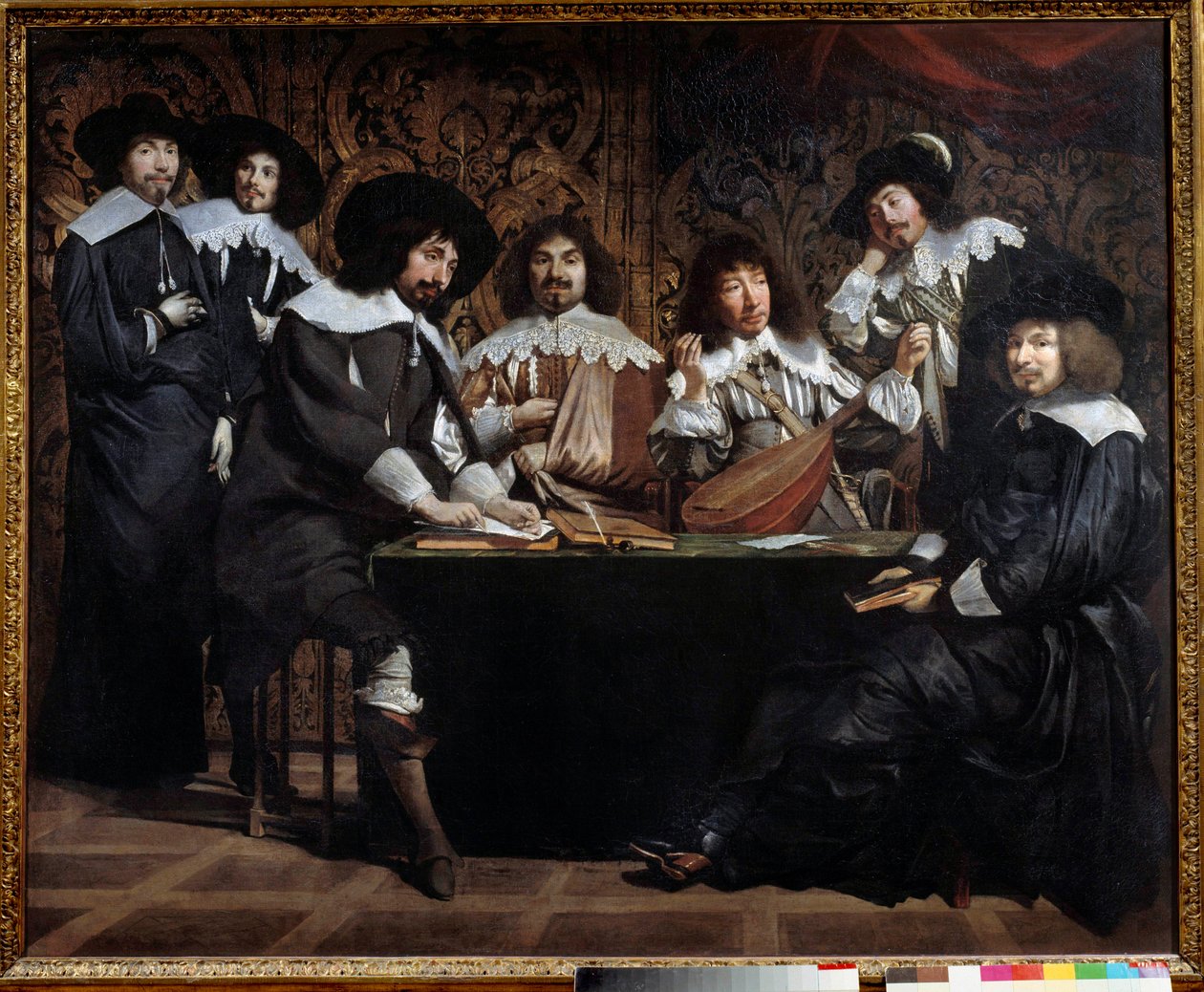 Encontros de amadores ou academia Reunião de artistas e intelectuais. Pintura de Mathieu Le Nain (Lenaína) (1607-1677) Sol do século XVII. 1,16x1,46 m Paris musee du Louvre de Mathieu Le Nain