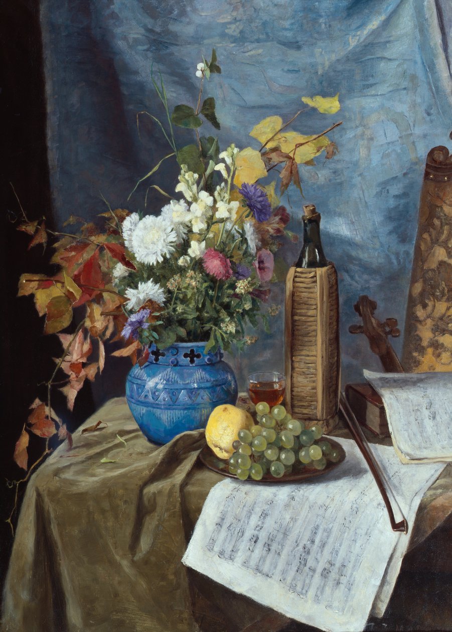 Arranjo com garrafa de vinho, flores e frutas de Mathilde Dietrichson