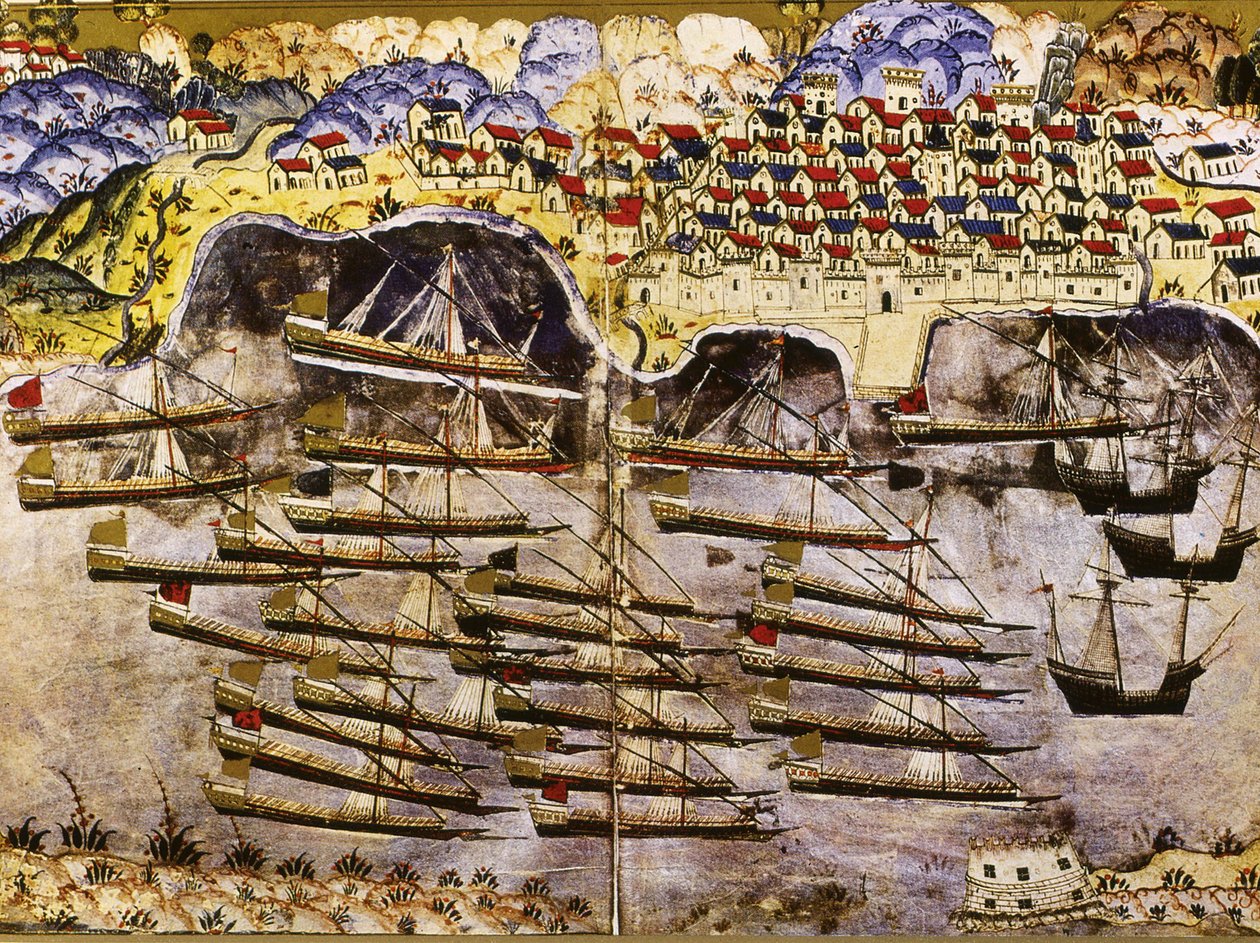 A frota de Barbarossa invernada no porto francês de Toulon, 1543, meados do século XVI de Matrakci Nasuh