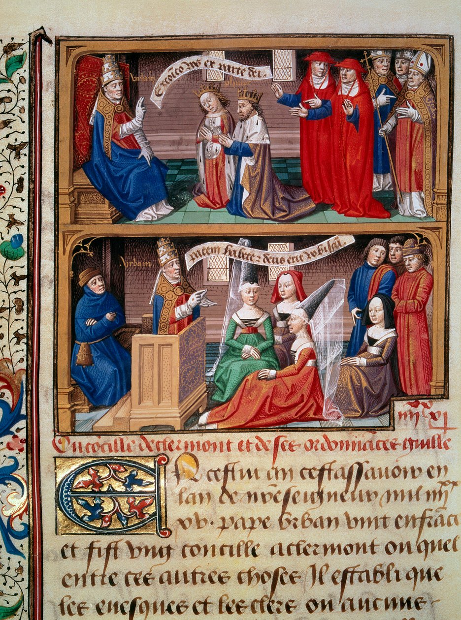 Representação do Conselho de Clermont em 1095, presidido pelo Papa Urbain II (1042-1099), pregando a primeira cruzada. Miniatura retirada do manuscrito "Speculum historiale" (Le Mirror historiale) de Vincent de Beauvais (1184/94-1264) iluminado pelo de Maître François