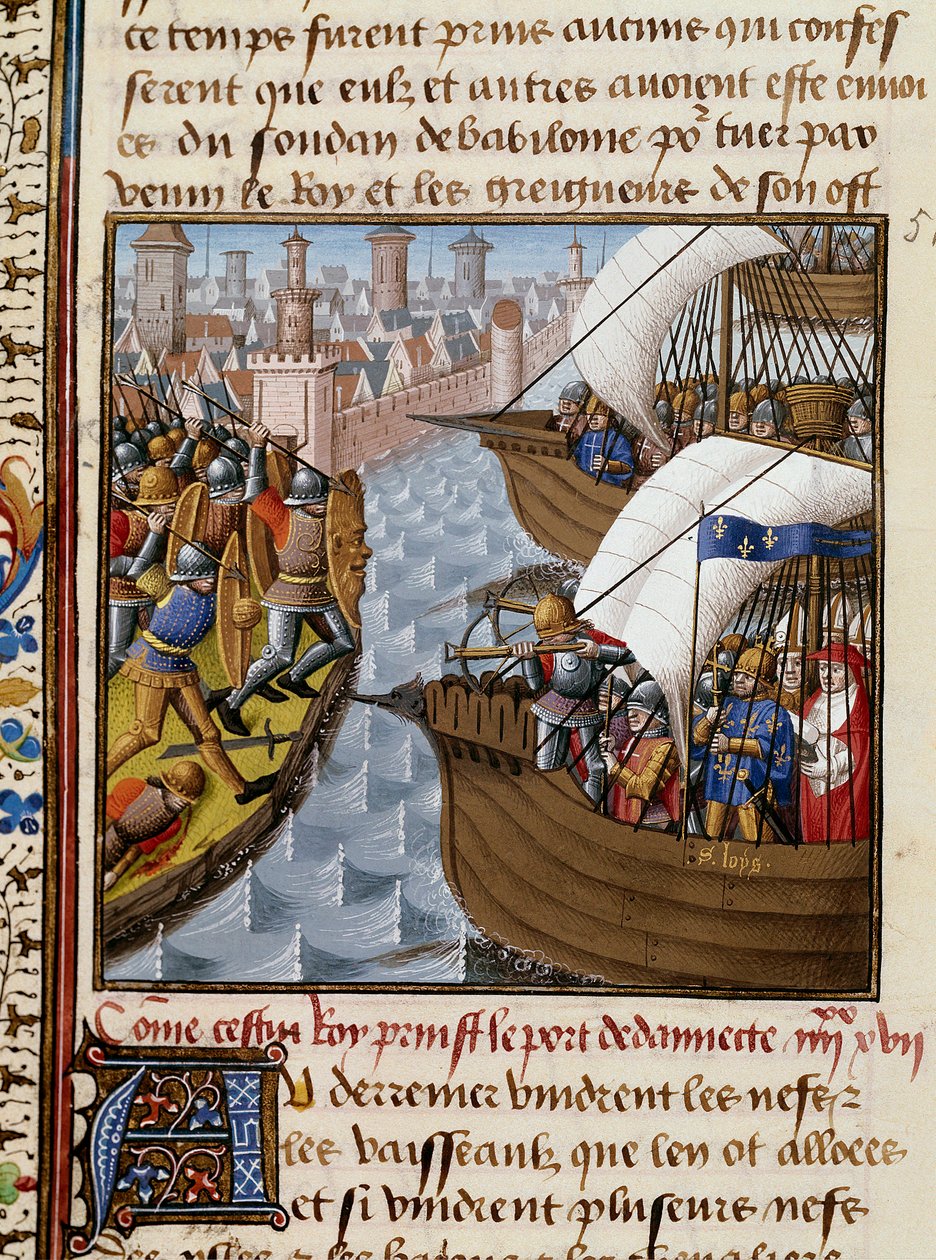 Sétima Cruzada: Rei Saint Louis (1214-1270) e as travessias que cercam Damietta em Junho de 1249 no Baixo Egipto. Miniatura retirada do manuscrito "Speculum historiale" (Le Mirror historiale) de Vincent de Beauvais (1184/94-1264) iluminado pelo Mestre de Maître François