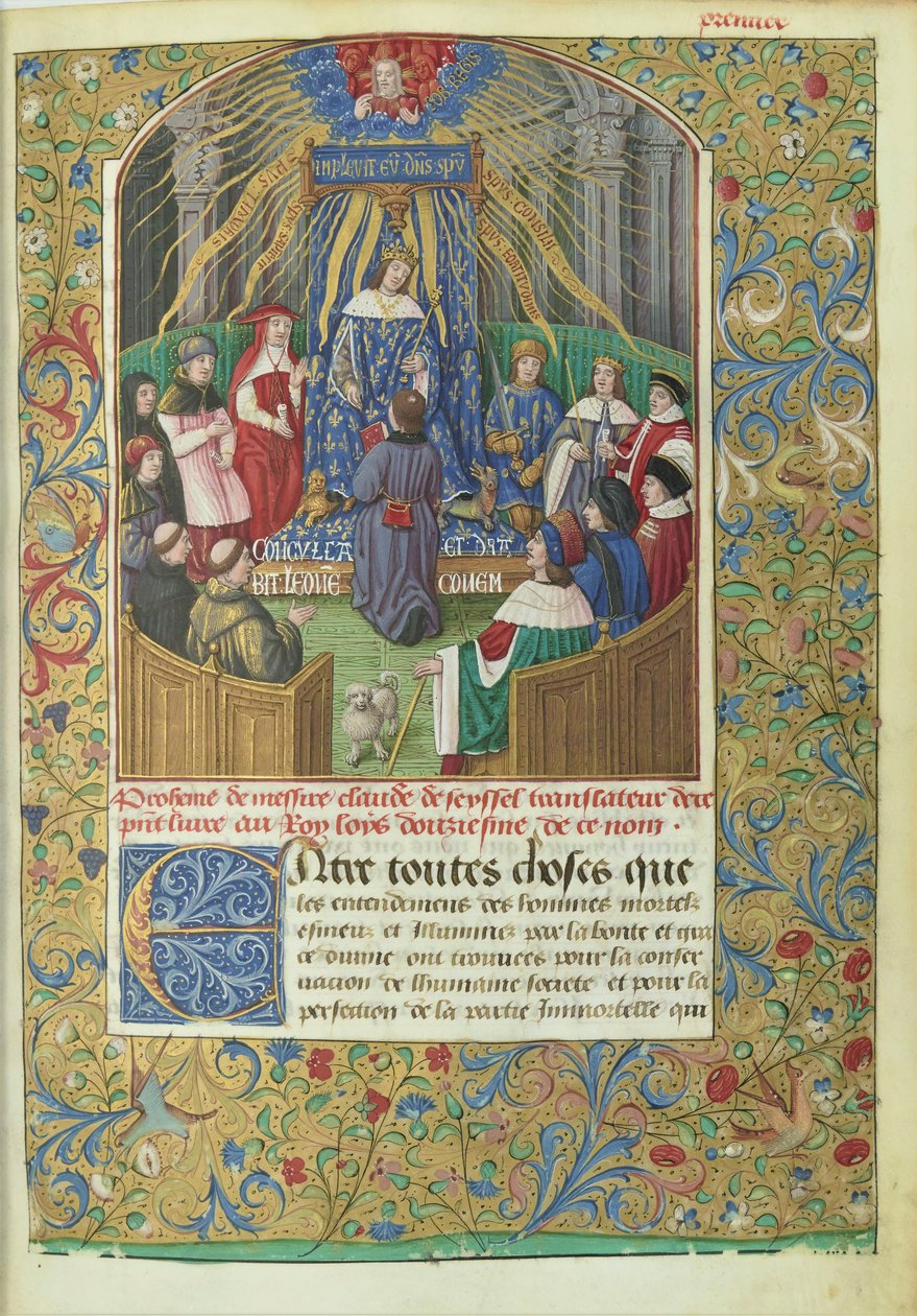 Anabasis de Xenofonte traduzido por Claude de Seyssel: cena da dedicatória, o manuscrito é uma oferta do tradutor a Luís XII. de Maitre de Philippe de Gueldre
