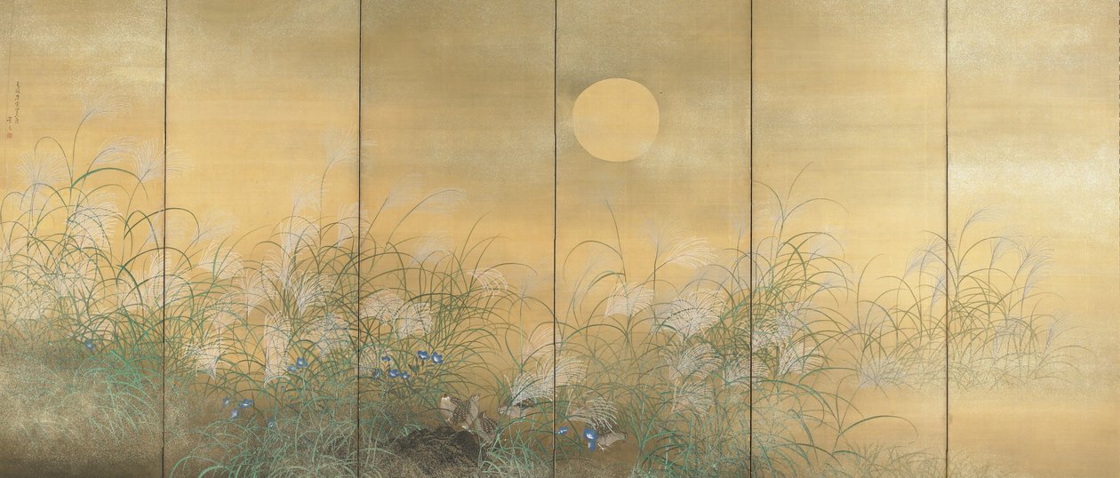 Codorniz que alimenta entre Susuki e Kikyo de Matsumura Keibun