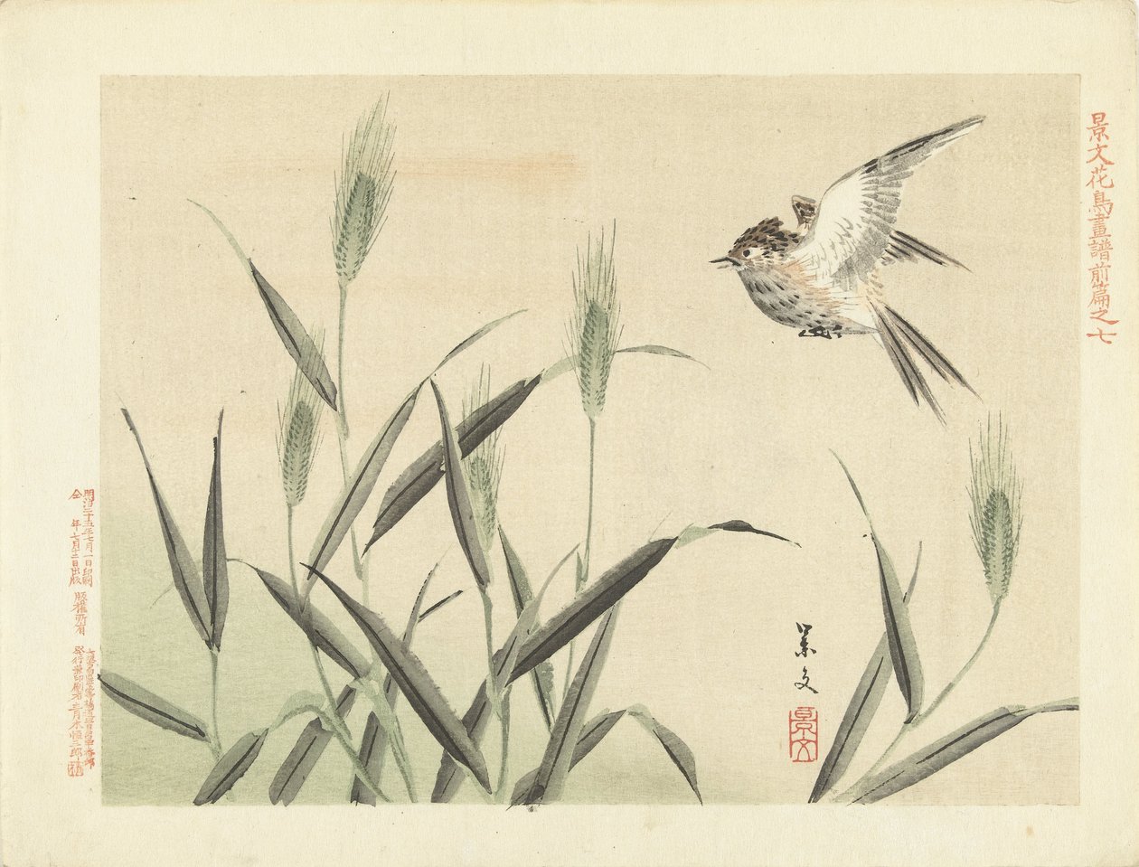 Pássaro voando em gramíneas Flower and Bird Sketches from Keibun- parte um (título da série) Caneta Keibun kacho gafu zen (título da série no objeto) de Matsumura Keibun