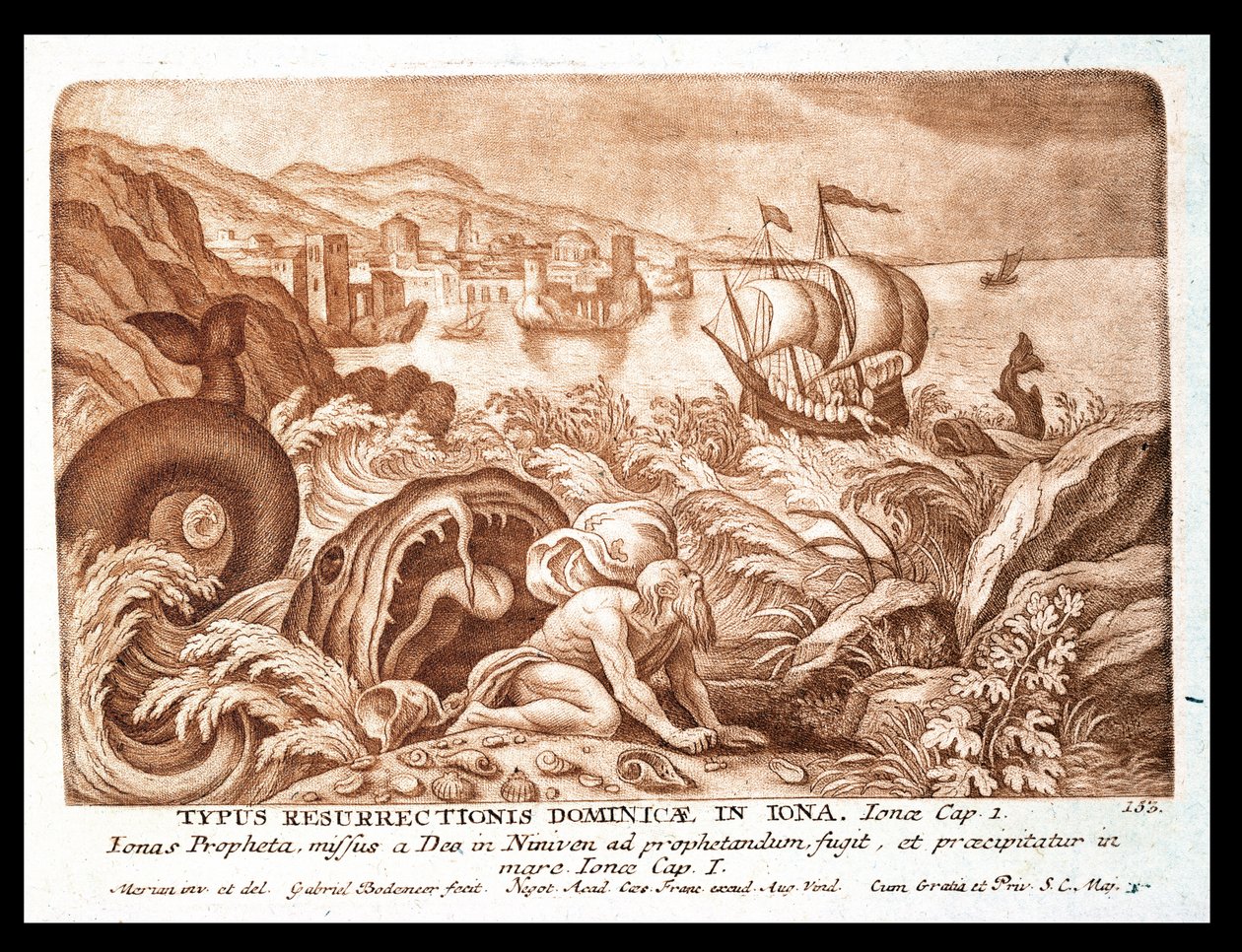 Jonas e a baleia, ilustração de uma Bíblia, gravada por Gabriel Bodeneer (1673-1766) (gravura em sépia) de Mattaus the Younger Merian