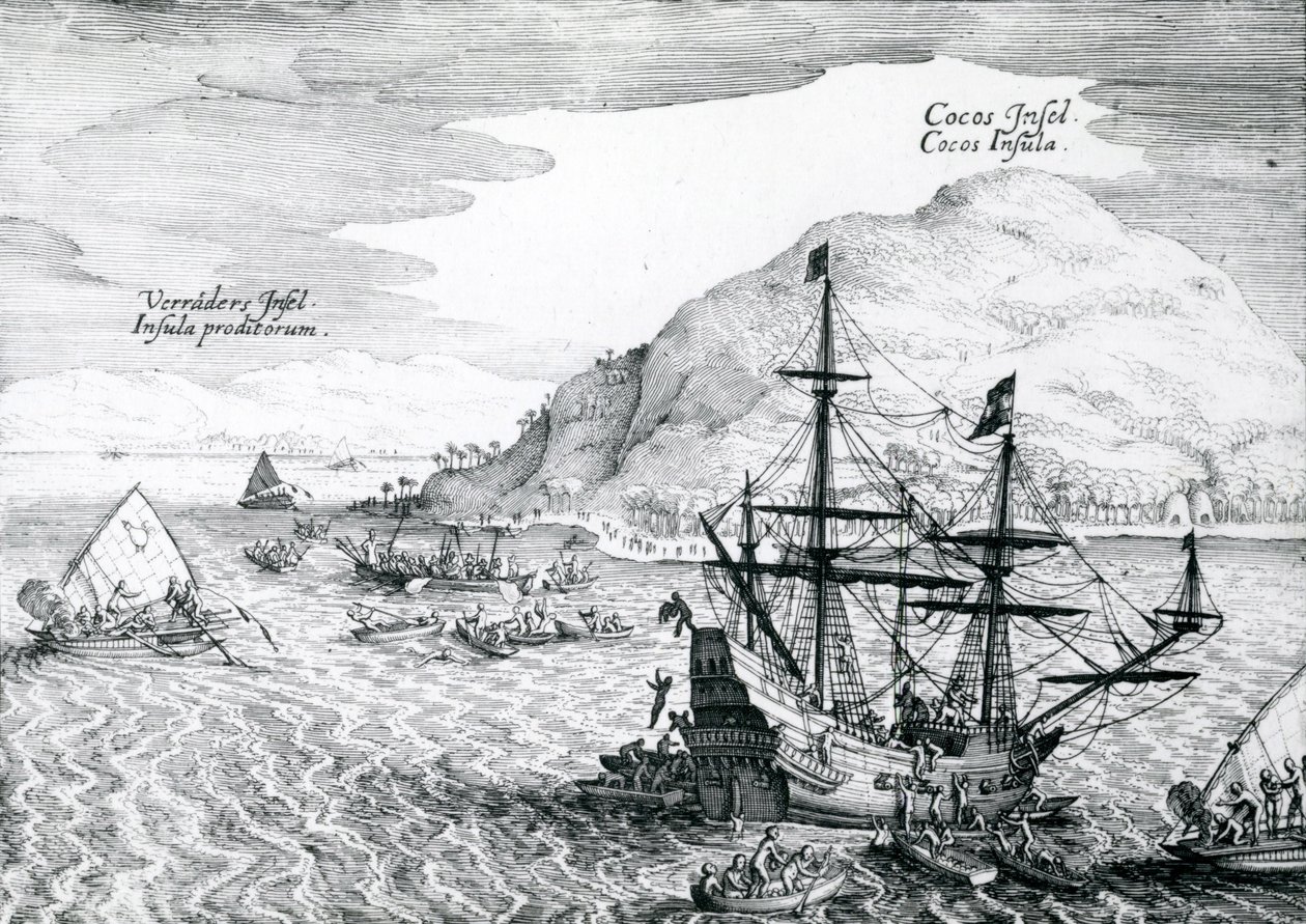 Vista, de, ilha coco, e, Verraders, ilha, 1655 de Mattaus the Younger Merian