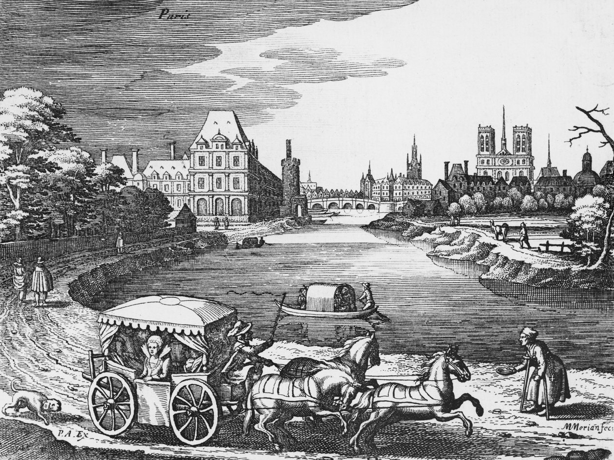 Vista do Louvre e das Tulherias com um treinador de palco em primeiro plano de Mattaus the Younger Merian