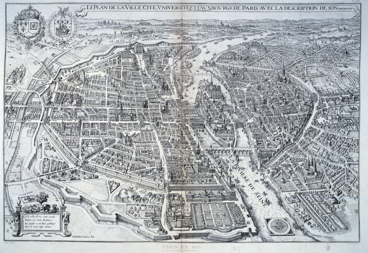 Plano de Paris em 1615. Gravura de Mathieu Merian de Mattaus the Younger Merian