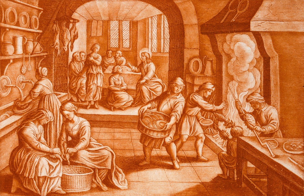 A história de Maria e Marta, ilustração da Bíblia, gravada por JC Bodenehr (gravura em sépia) de Mattaus the Younger Merian