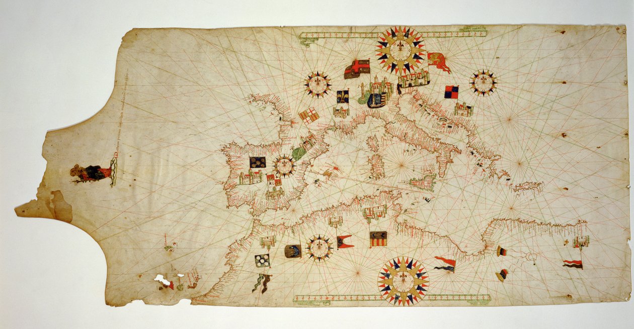 Miniatura mapa náutico do Mediterrâneo Central, 1560 (pergaminho) de Matteo Prunes