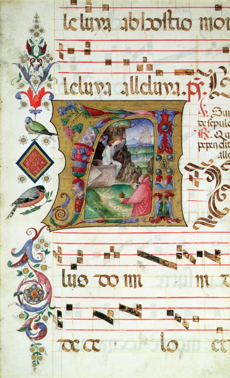 Inicial historiada A representando Maria Madalena no túmulo de Cristo de Matteo da Milano Matteo da Milano