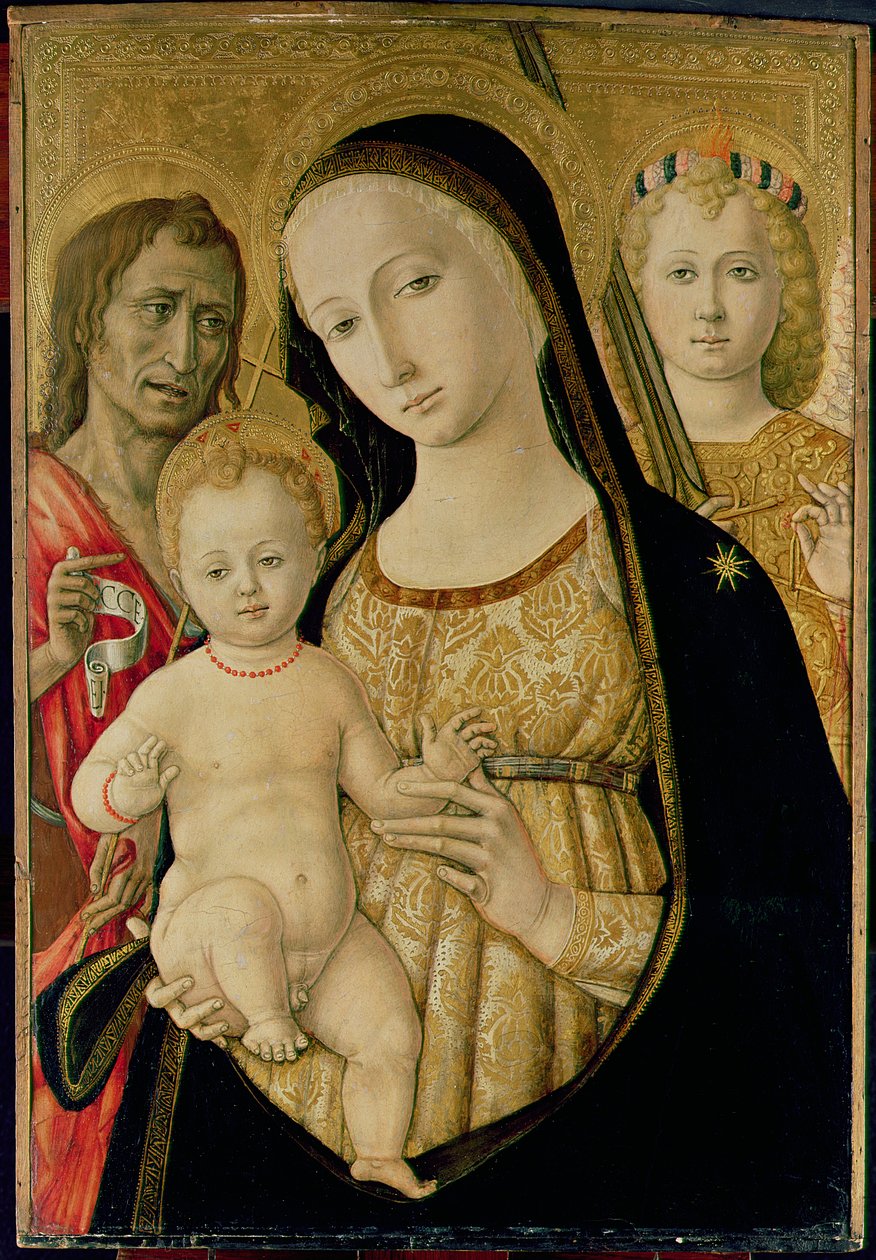 Madonna e Criança com São João Batista e São Miguel Arcanjo, c.1485-95 (têmpera no painel) de Matteo di Giovanni di Bartolo