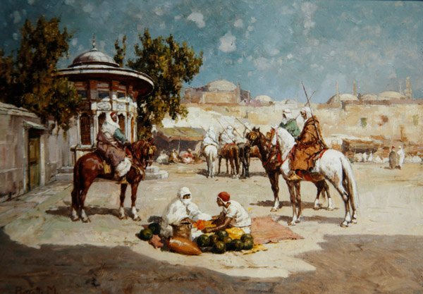 Arab Warriors in a Market Square, c.1910 (óleo sobre painel) de Matteo Da Angelo Rossotti