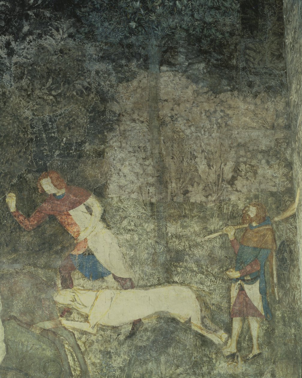 Homens caçando com cães, detalhe do esquema decorativo de La Chambre du Cerf Stag Room 1347 afresco de Matteo Giovanetti