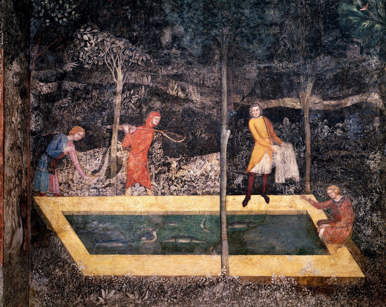 Cena de pesca perto de um poço. (Fresco de Matteo Giovanetti