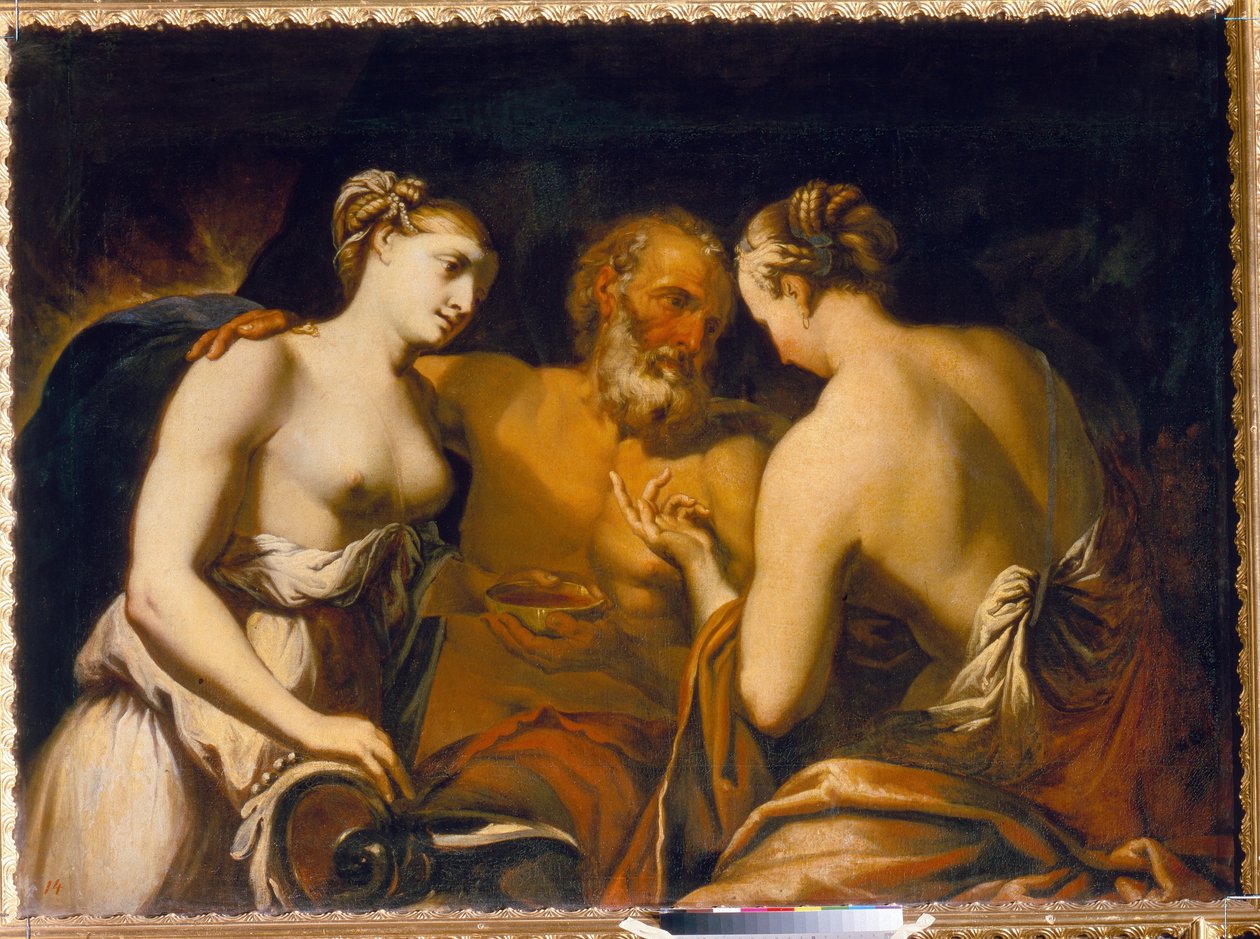 Ló e suas Filhas - Pintura de Matteo Pacelli (1651-1732), óleo sobre tela, final do século XVII - Ló e suas Filhas, Óleo sobre tela de Matteo Pacelli - Museu Estadual ao Ar Livre Tsarskoye Selo, São Petersburgo de Matteo Pacelli