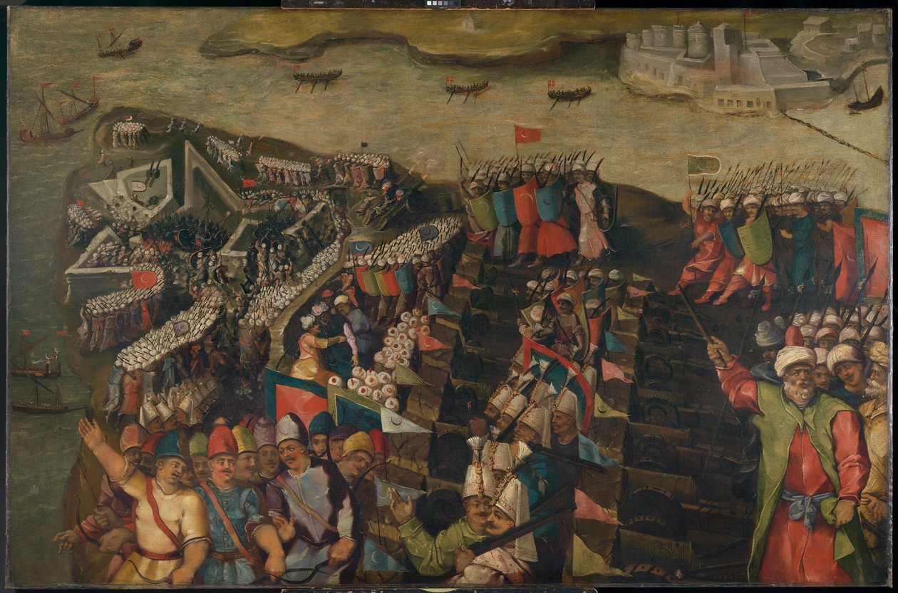O cerco de Malta: captura de St Elmo, 23 de junho de 1565, finais do século XVI (óleo sobre tela) de Matteo Perez d
