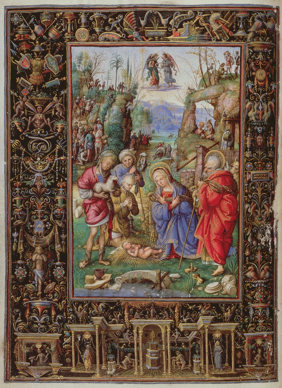 Yates Thompson 29 f.15b-16 Adoração dos Pastores, das "Horas de Bonaparte Ghislieri", Bolonha, c.1500 (vellum) de Matteo da Milano