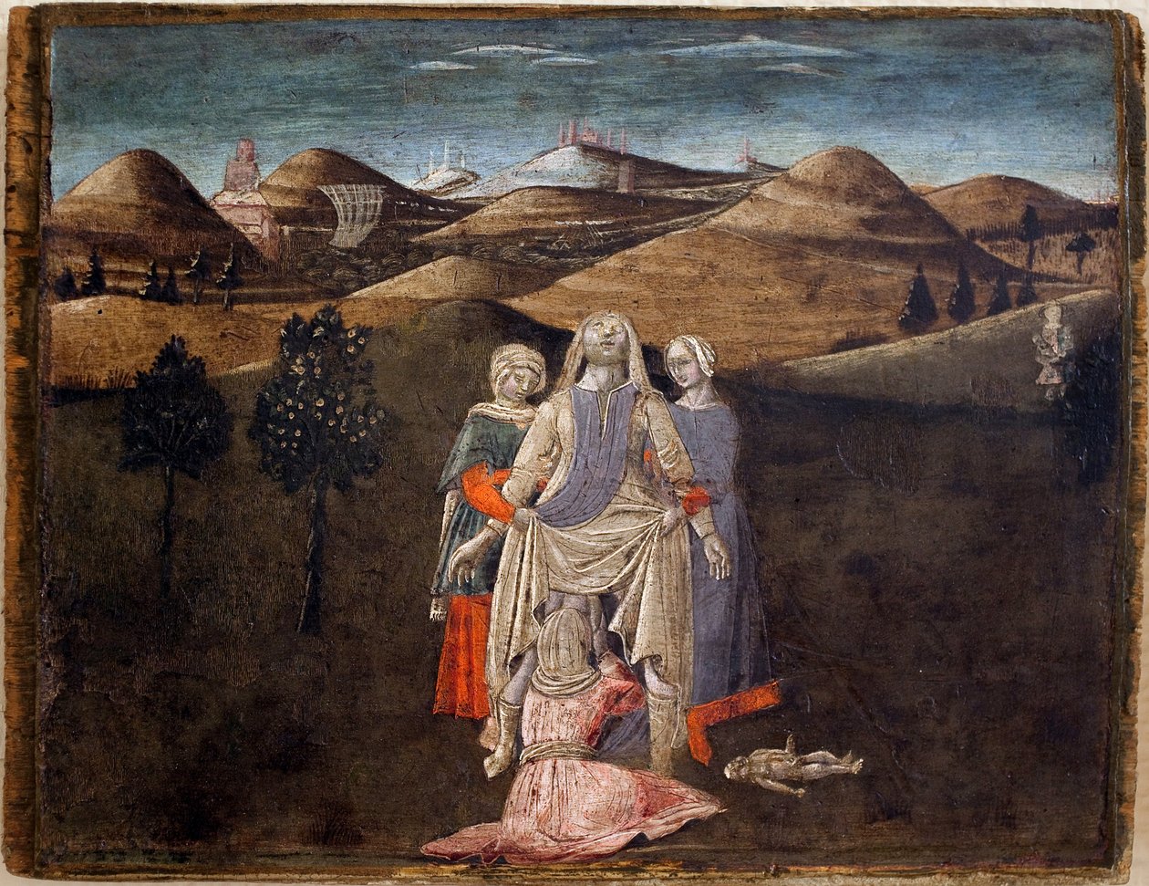 Lenda de Rômulo e Remo: o nascimento de Rhea Silvia. Pintura de Matteo di Giovanni (1430-1495), detrempe sobre madeira, 27,9 x 35,7 cm. Arte italiana do século XV. Musee des Beaux Arts de Libourne. de Matteo di Giovanni di Bartolo