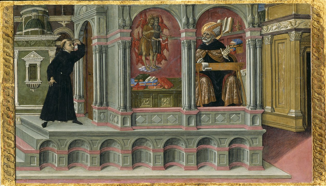 Visão de Santo Agostinho sobre os santos Jerônimo e João Batista, 1476 de Matteo di Giovanni di Bartolo
