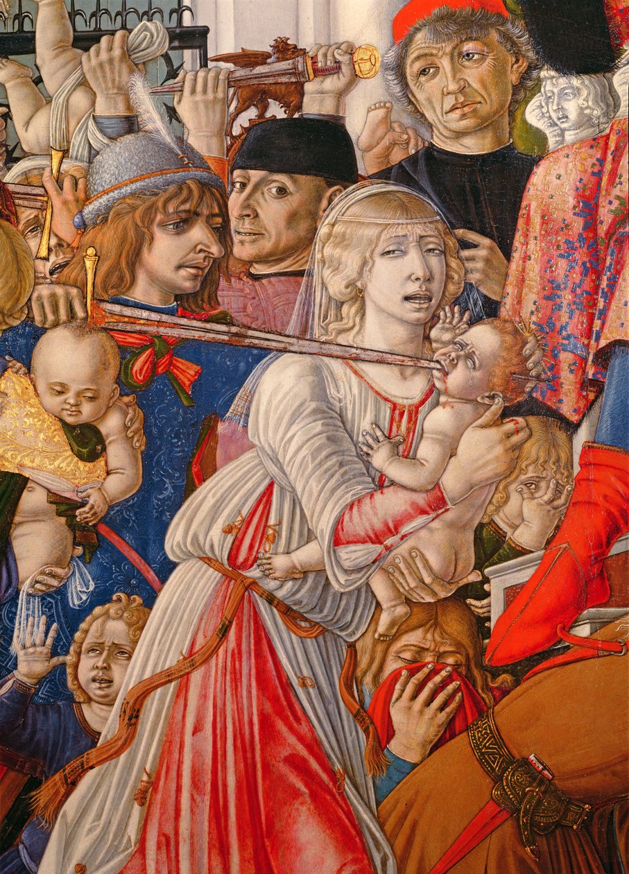 O massacre dos inocentes, detalhe de um soldado perfurando um bebê com sua espada, 1482 tempera no detalhe do painel de 106233 de Matteo di Giovanni di Bartolo