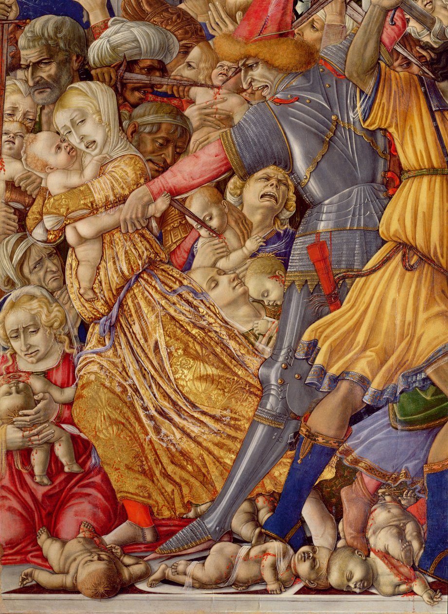 O Massacre dos Inocentes, detalhe de um soldado que se prepara para apunhalar uma criança e carnificina circundante, tempera 1482 no detalhe do painel de 106233 de Matteo di Giovanni di Bartolo