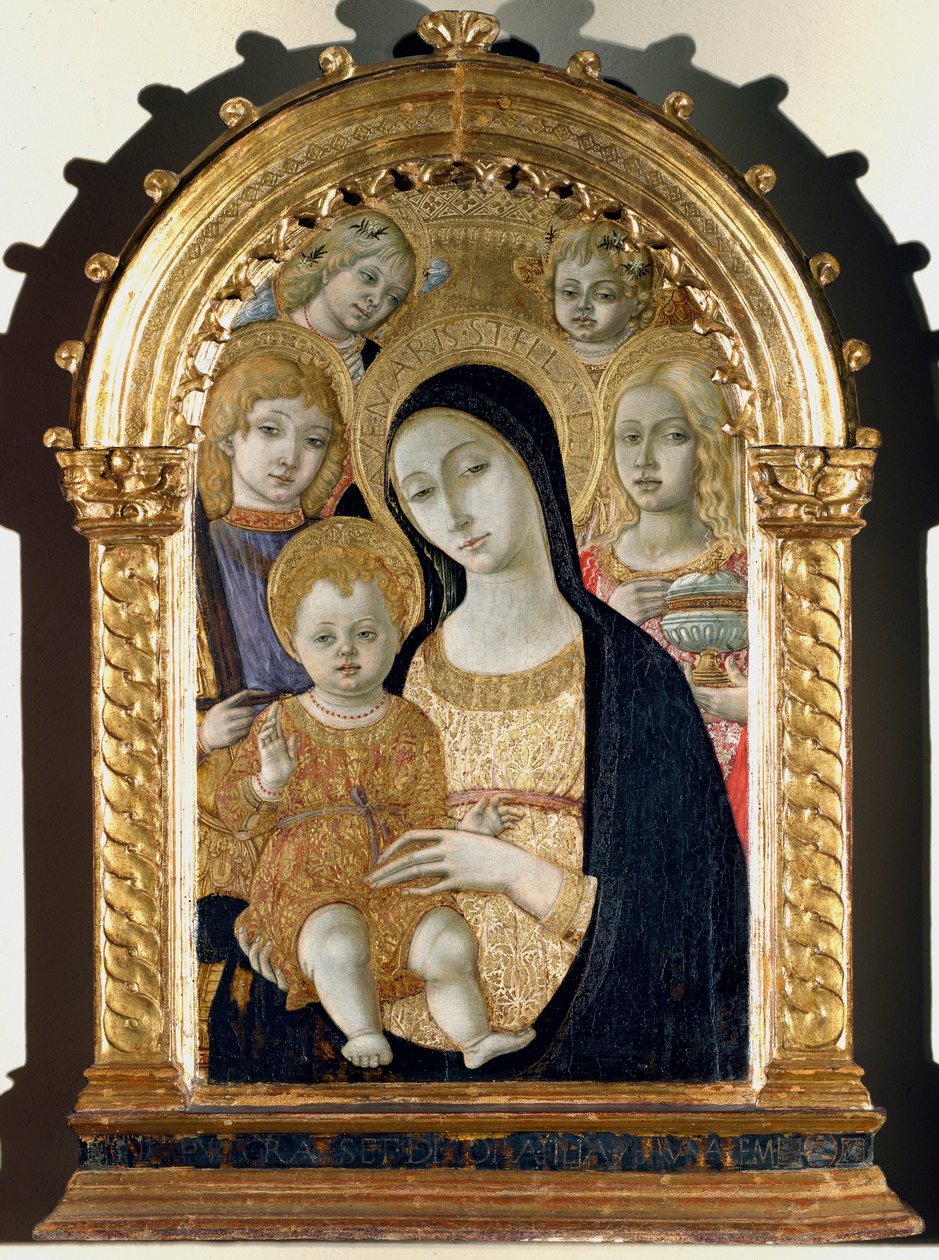 Virgem com Jesus menino, São Miguel, Santa Maria Madalena (Pintura sobre madeira de Matteo di Giovanni di Bartolo