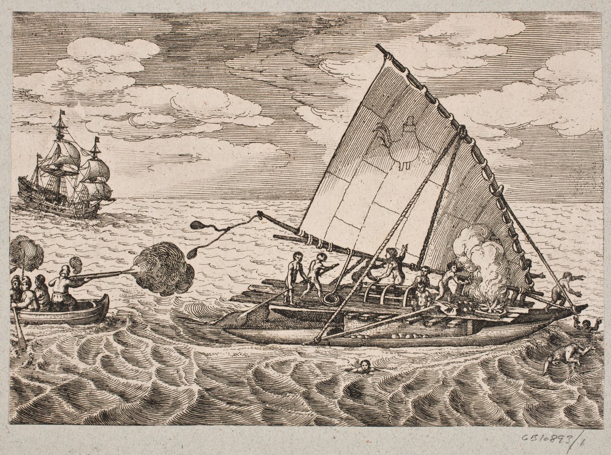 Navio de captura holandês com pessoas selvagens e crianças de Matthäus Merian d.Æ.