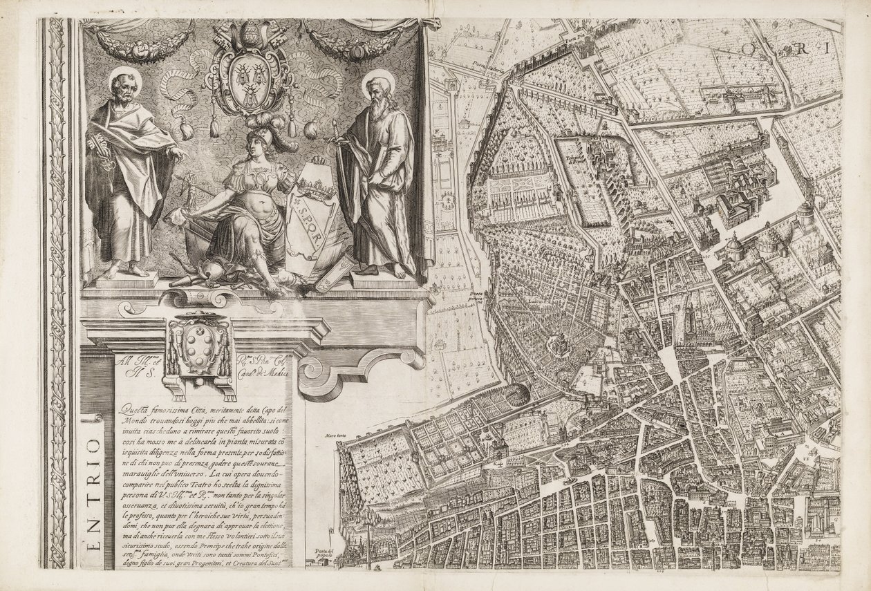 Mapa de Roma. Parte superior esquerda de Matthaus Greuter