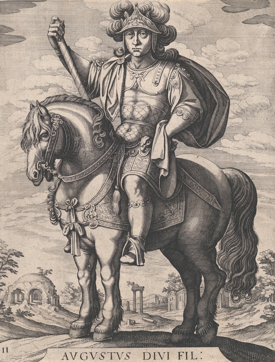 Placa 2: Imperador Augusto a Cavalo, de "Os Doze Primeiros Césares Romanos", depois de Te..., 1610-50. de Matthaus Merian