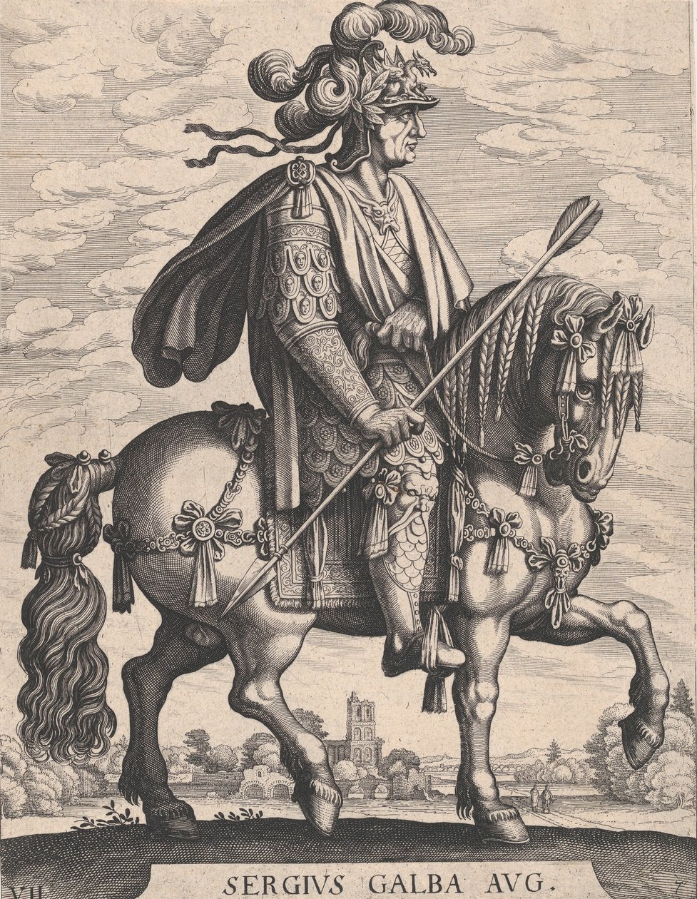 Placa 7: Imperador Galba a Cavalo, de "Os Doze Primeiros Césares Romanos" depois de Tempes..., 1610-50. de Matthaus Merian