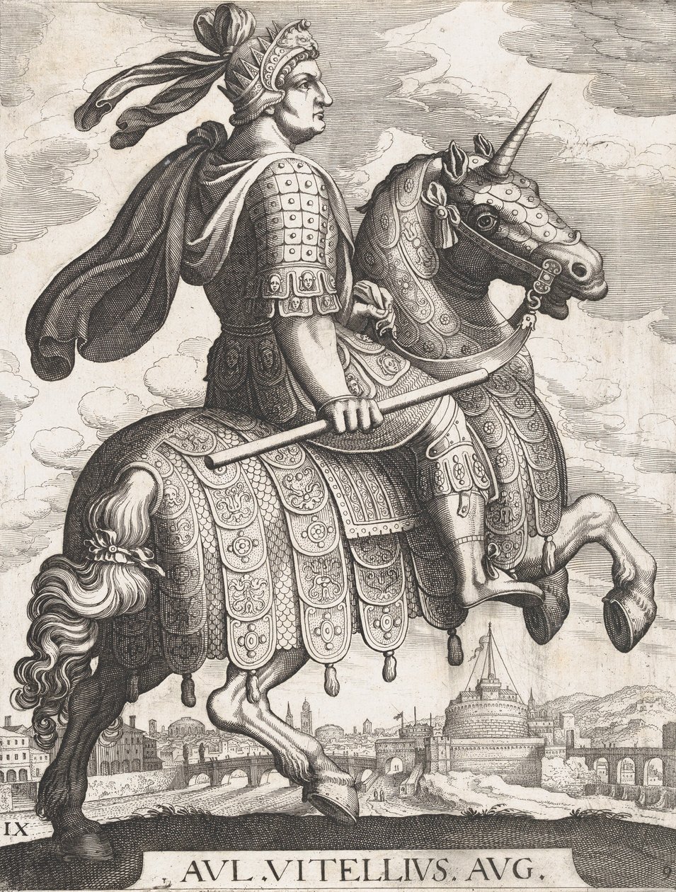 Placa 9: Imperador Vitellius a Cavalo, de "Os Doze Primeiros Césares Romanos", depois de Te..., 1610-50. de Matthaus Merian