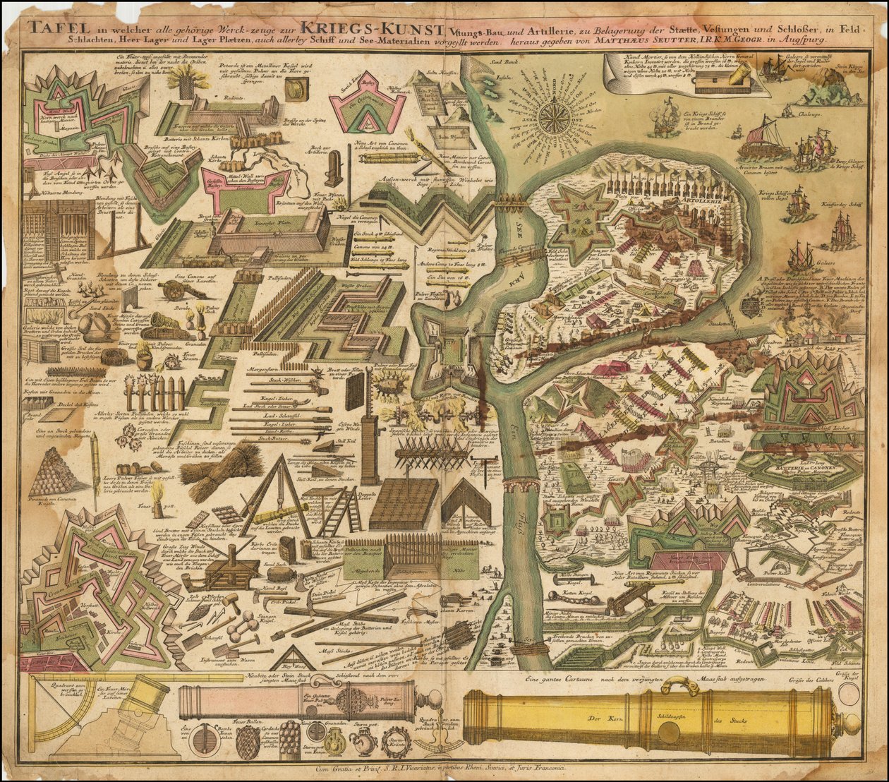 Mapa alegórico de 1720 de Seutter mostrando a arte da guerra, por terra e por mar de Matthäus Seutter